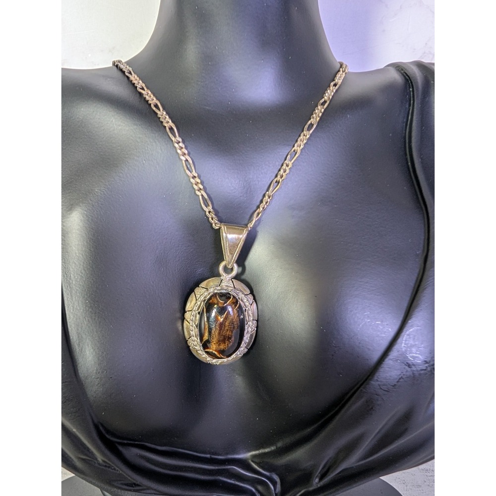 Vintage 925 Sterling Silver Mexico Brown Tigers Eye Gemstone Pendant 18" TV-33
